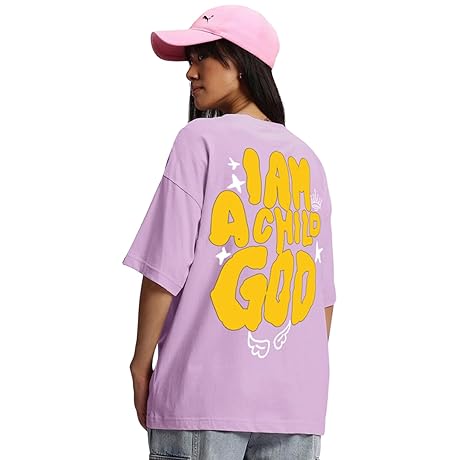 JUNEBERRY(r) Pure Cotton Round Neck Oversized Baggy Fit Drop Shoulder Cool Back Graphic Printed Lilac & Cork Half Sleeve T-Shirt for Women & G